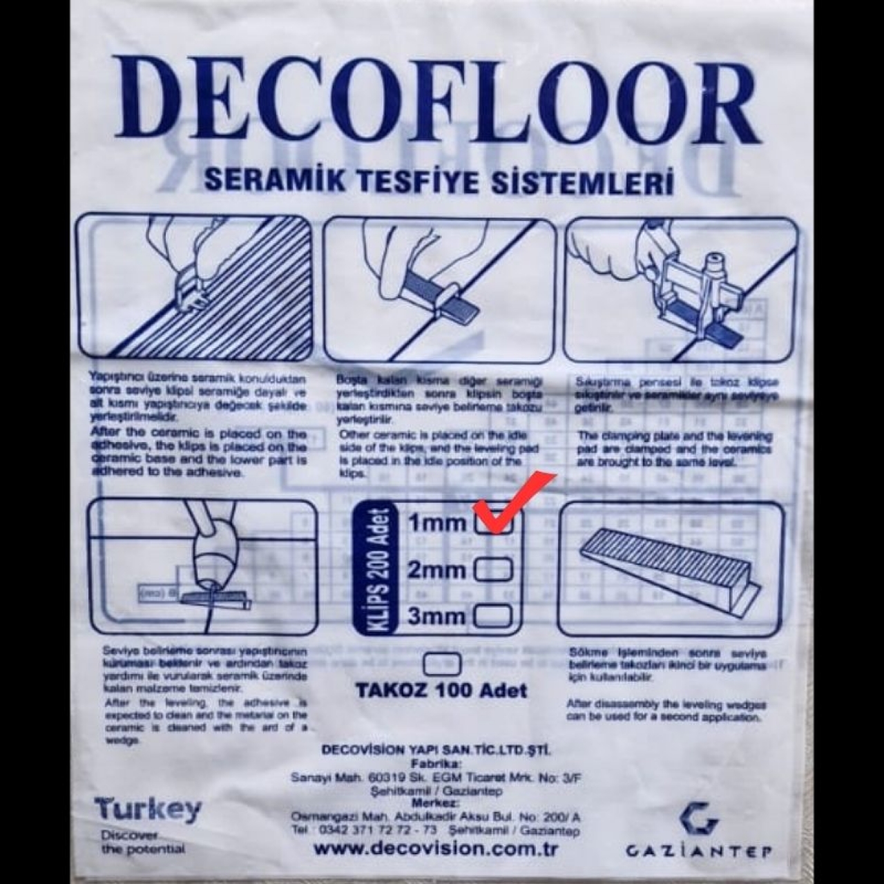 Decofloor Seramik Tutucu Seviye Tespit Derz Klipsi 1 mm (1 Adet = 200'lü Paket)