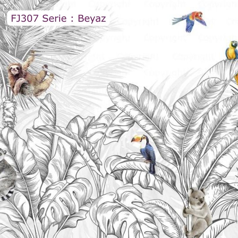 FJ307 Serisi | Hayvanlar Ve Palmiye Yaprakları Desenli Duvar Kağıdı