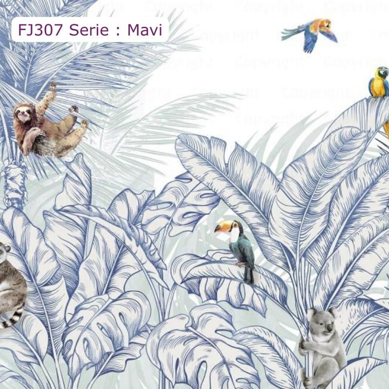 FJ307 Serisi | Hayvanlar Ve Palmiye Yaprakları Desenli Duvar Kağıdı