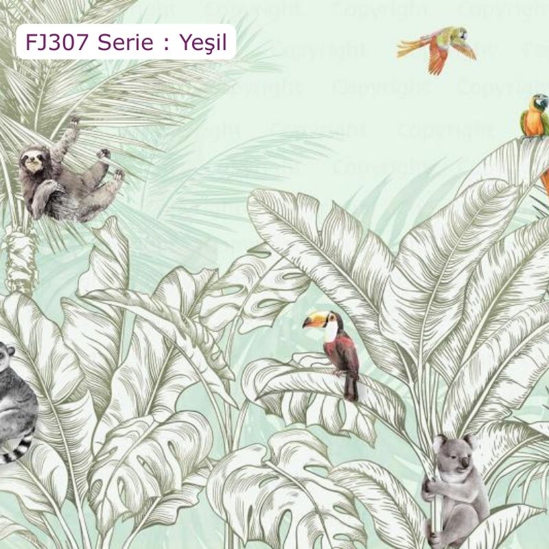 FJ307 Serisi | Hayvanlar Ve Palmiye Yaprakları Desenli Duvar Kağıdı